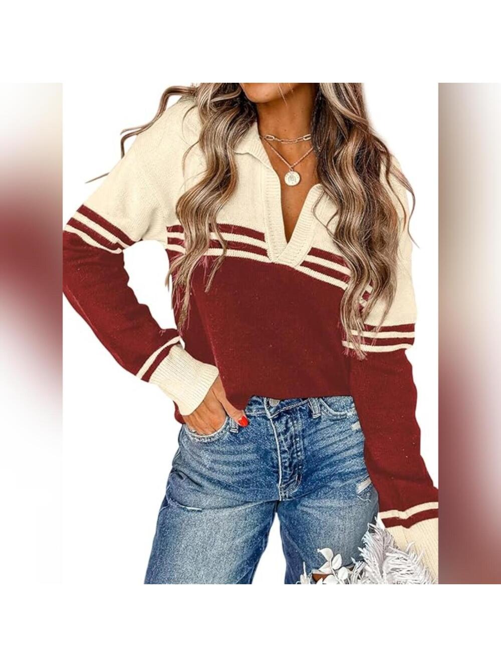 NWT COCCKO V Neck Pullover Casual Striped Knitted Sweater, XL
